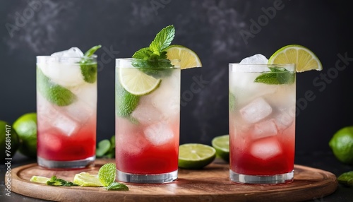 Cranberry lime cocktails in tall glasses served with ice, a slice of lime and fresh mint