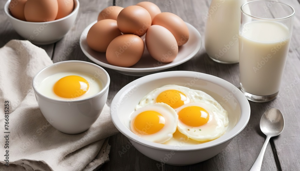 eggs in a bowl, whole meal bread and milk on table eggs in a bowl, whole meal bread and milk on table