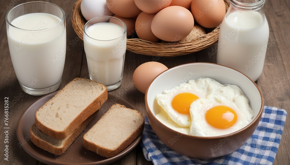 eggs in a bowl, whole meal bread and milk on table eggs in a bowl, whole meal bread and milk on table