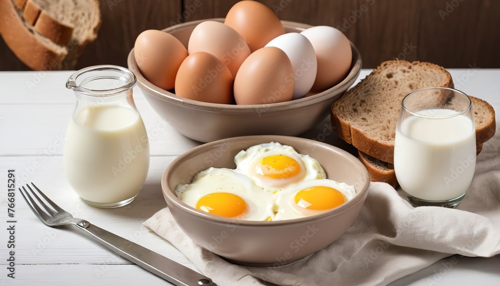 eggs in a bowl, whole meal bread and milk on table eggs in a bowl, whole meal bread and milk on table