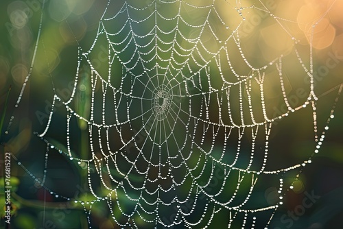 A dew-covered spiderweb in the early morning light showcasing the intricate beauty of natures designs © AI Farm