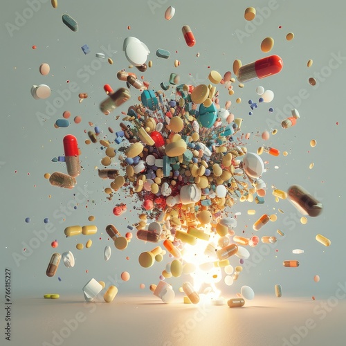 A dynamic 3D explosion of a pill deconstructing its components to reveal its complex makeup
