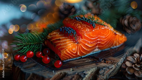 A festive salmon en croute elegantly sliced to reveal the succulent fish inside