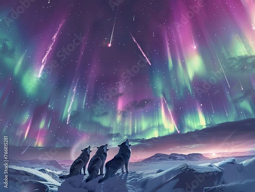 A pack of wolves howling at a cosmic event with auroras and shooting stars adorning the sky above them