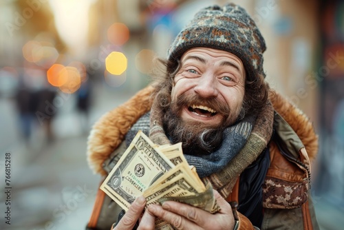 a homeless man joyfully catches money in the air, spreading happiness and laughter