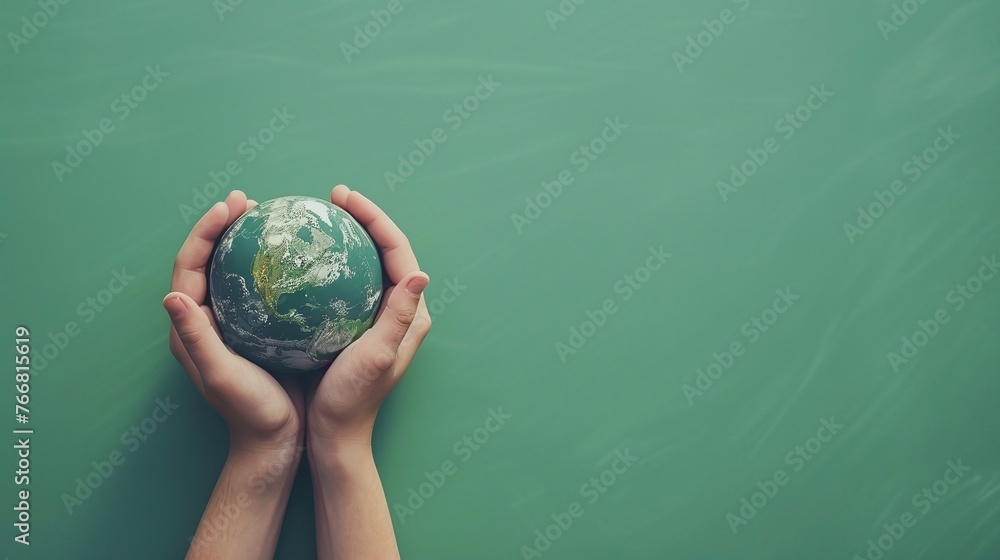 minimalist layout showcasing hands cradling a tiny Earth in a clear green natural backdrop with space in the upper-left for text and balanced aesthetics