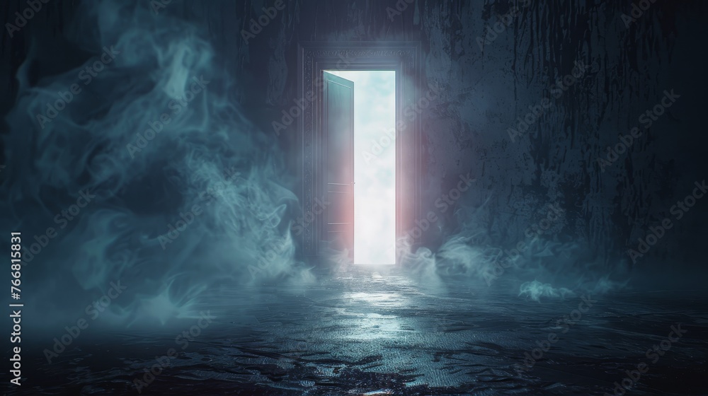 A dark room a shimmering portal stands, a door with light shining through A dark room a shimmering portal stands, a door with light shining through