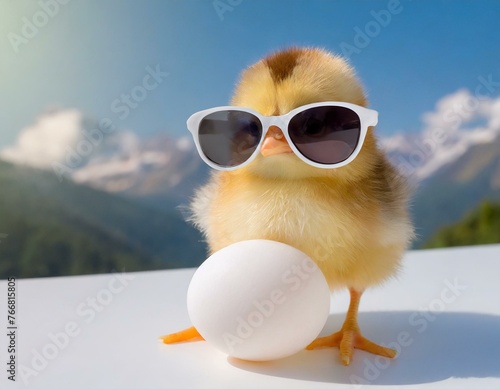Cool Chick: Stylish Sunglasses Adorn a Chick Beside a Pristine Egg on White"