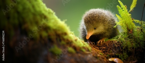 A tiny hedgehog perches on a branch in the woodland, surrounded by plants and grass. Nearby, a bird with colorful wings lands on a tree nearby