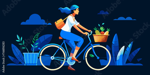 Fototapeta Naklejka Na Ścianę i Meble -  Girl on Bike for World Bicycle Day (June 3rd), National Bike Month (May - varies), Bike to Work Day (varies), Car-Free Day (September 22nd) - Vector Illustration

