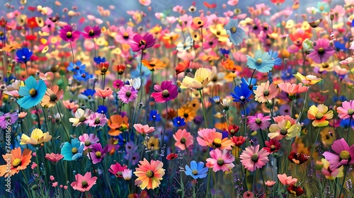 Vibrant Field of Diverse Flowers Bursting with Color. Ideal for Backgrounds or Nature Themes. Lively and Fresh. Royalty-free Stock Image. AI