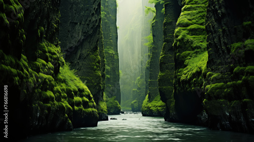 Detailed shooting of vertical green rocks on both sides of the canyon. Atmospheric and moody lighting. Generative AI