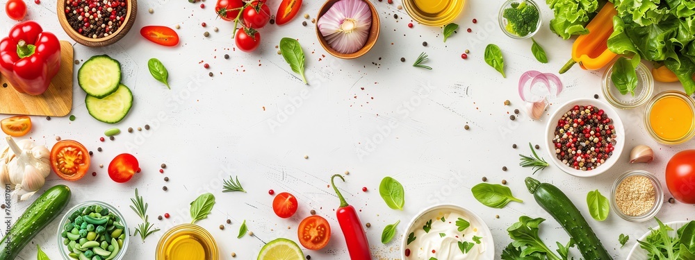 healthy clean eating layout, vegetarian food and diet nutrition concept, various fresh vegetables ingredients for salad on white table background, top view, frame banner healthy clean eating layout, vegetarian food and diet nutrition concept, various fresh vegetables ingredients for salad on white table background, top view, frame banner