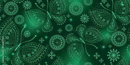 Dark green vintage hand drawn floral seamless pattern with lacy butterflies and mandalas and vivid stars