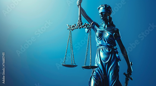 Lady Justice statue in blue hues, holding balanced scales,