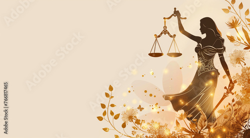 illustration of lady justice holding scales, floral accents on the beige and gold color background