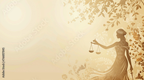 illustration of lady justice holding scales, floral accents on the beige and gold color background