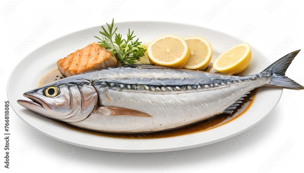 King mackerel or spotted mackerels steak with dish isolated on white background
