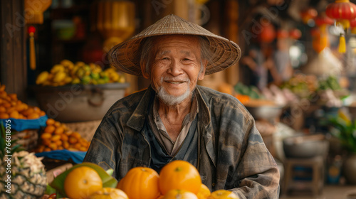 Asian market, vendors selling spices and fruits