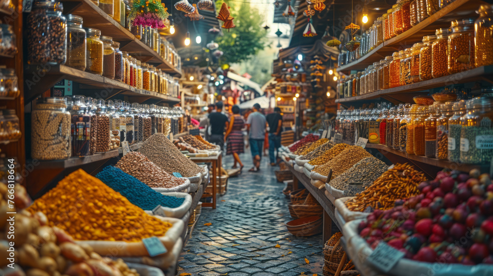 Asian market, vendors selling spices and fruits