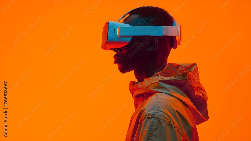Futuristic Man in VR Headset against a Vibrant Orange Background. Virtual Reality Experience. Technology Lifestyle Portrait. AI