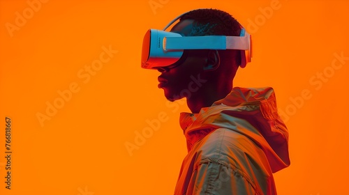 Futuristic Man in VR Headset against a Vibrant Orange Background. Virtual Reality Experience. Technology Lifestyle Portrait. AI © Irina Ukrainets