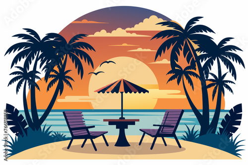beach-point-seating-area-with-sunset-silhouette-vector. © mk graphics