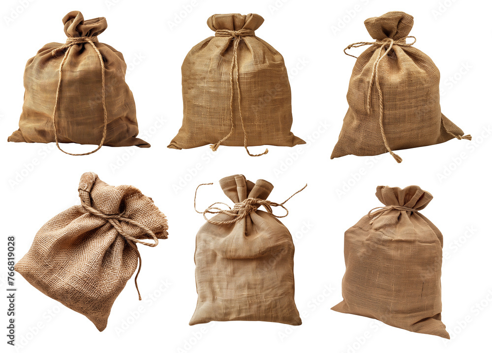 Set of Burlap sack on transparent background cutout, PNG file. Mockup template for artwork graphic design Set of Burlap sack on transparent background cutout, PNG file. Mockup template for artwork graphic design