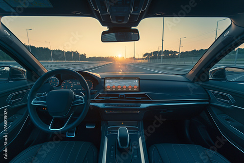 View from inside a car driving alone on the road. Autonomous vehicle. Self-driving © kanurism