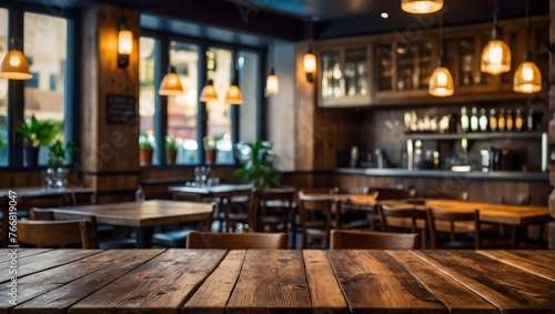 Empty wooden table inside professional restaurant