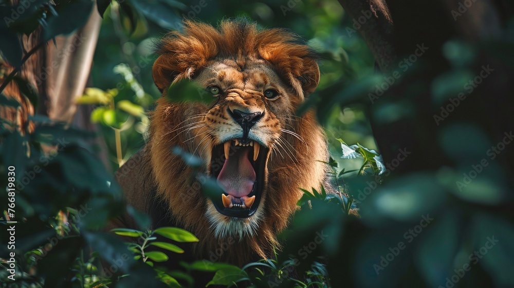 Fototapeta premium powerful aggressive male lion roaring closeup behind leafs in the forest showcasing the strength and majesty of the wild predator