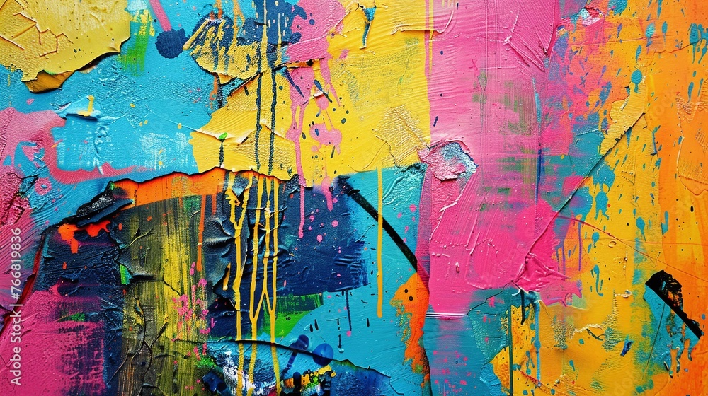 Obraz premium abstract wall surface with messy paint strokes smudges and colorful drips flows streaks on old painted wall with part of graffiti and paint sprays