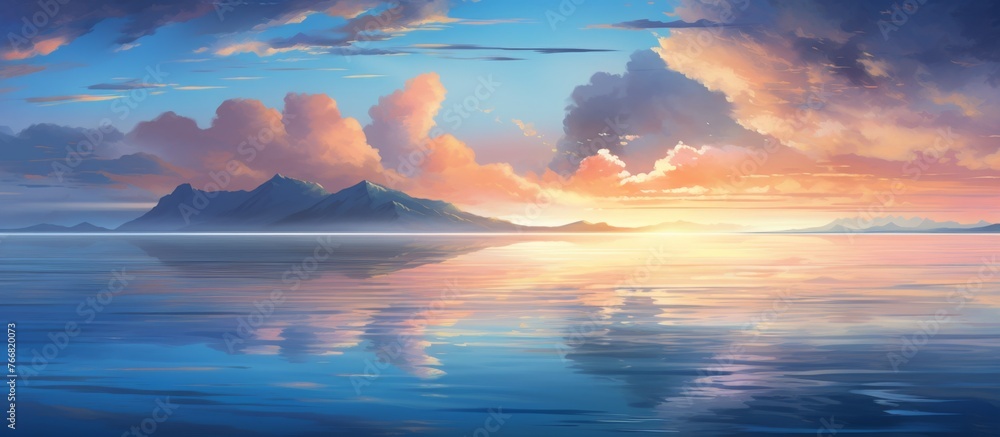 A natural landscape painting featuring a sunset over water with mountains in the background. The sky is filled with colorful cumulus clouds, creating a peaceful atmosphere at dusk
