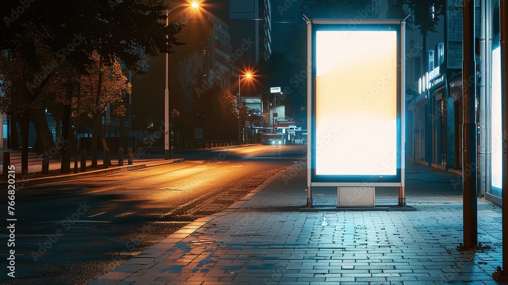 blank white advertising banner billboard mockup stand on sidewalk at night in urban cityscape blank white advertising banner billboard mockup stand on sidewalk at night in urban cityscape