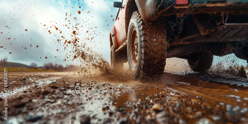 Extreme off-road vehicle driving on muddy roads