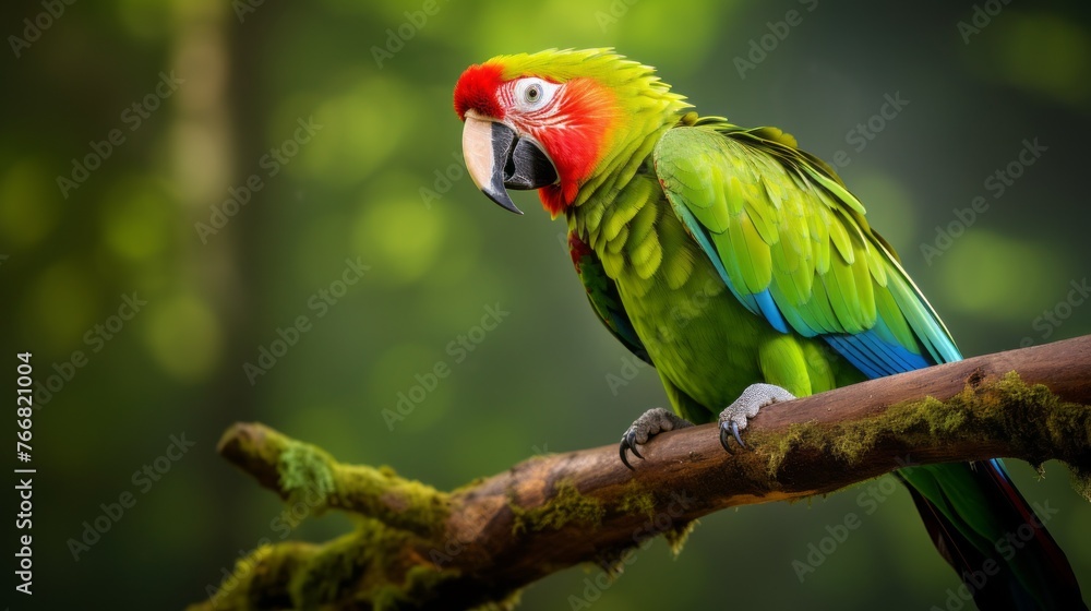 A green and red parrot is perched on a branch