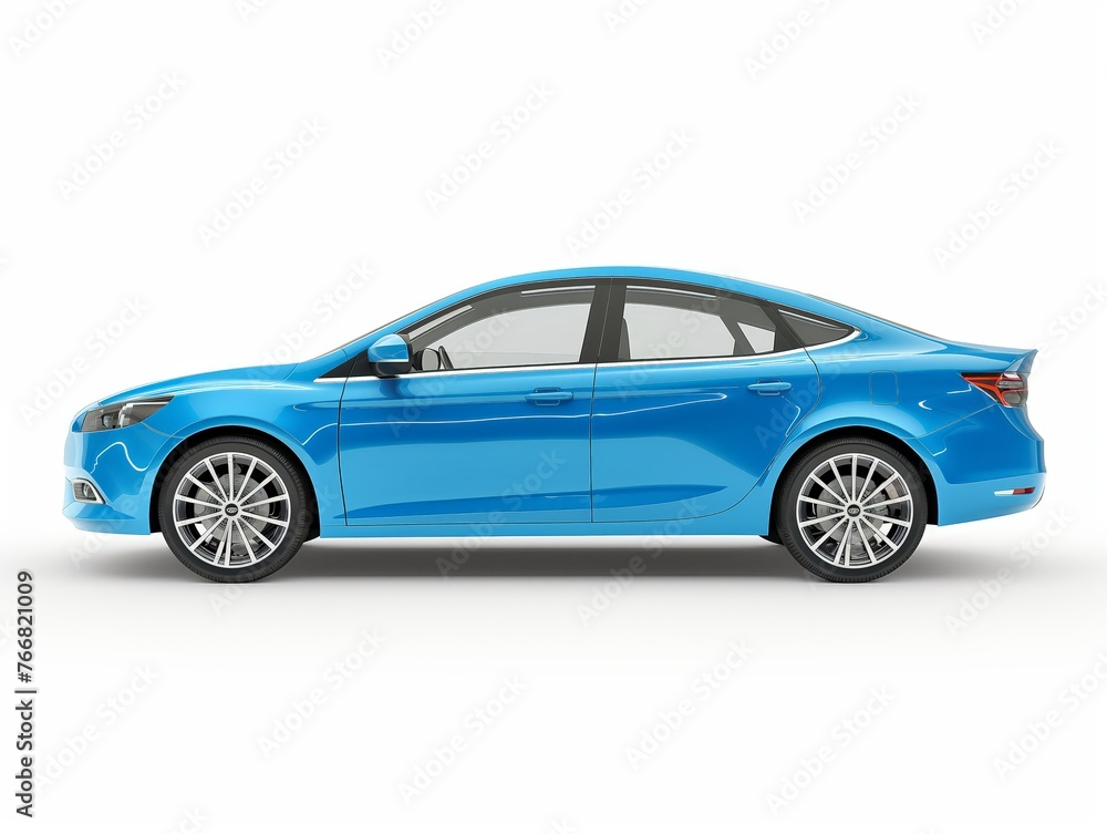 Side view of a sleek blue sedan car isolated on a white background, displaying clean design lines.