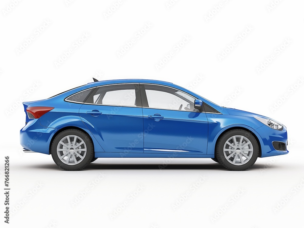 A side profile view of a modern metallic blue sedan on a white background, showcasing the car's design and style.