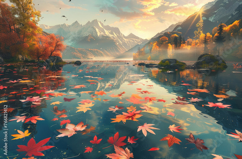 A picturesque autumn scene with vibrant leaves floating on the surface of an idyllic lake, surrounded by mountains and trees in full bloom © Kien