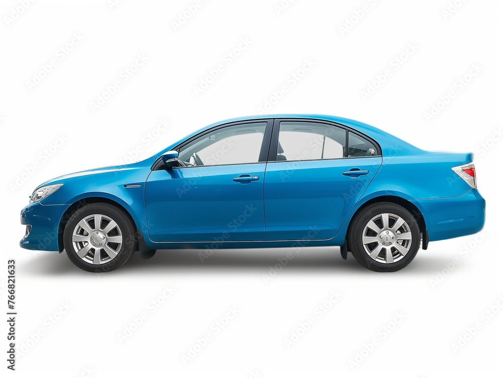 Side view of a modern blue sedan car isolated on a white background with a clear shadow beneath.
