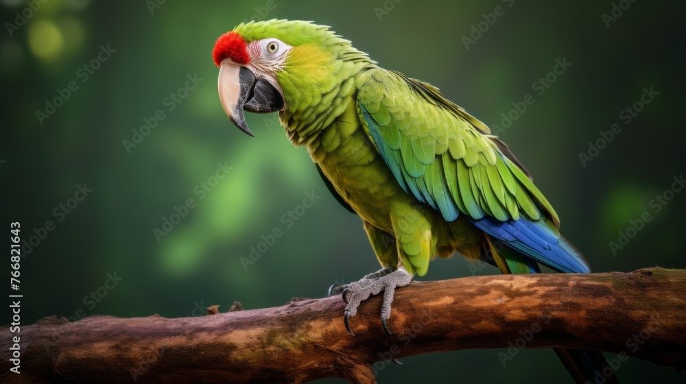 A green and blue parrot is perched on a branch