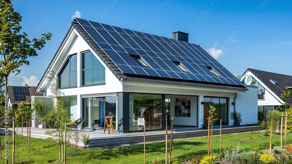 new photovoltaic system on the gable roof of suburban house modern passive home with eco friendly solar panels new photovoltaic system on the gable roof of suburban house modern passive home with eco friendly solar panels