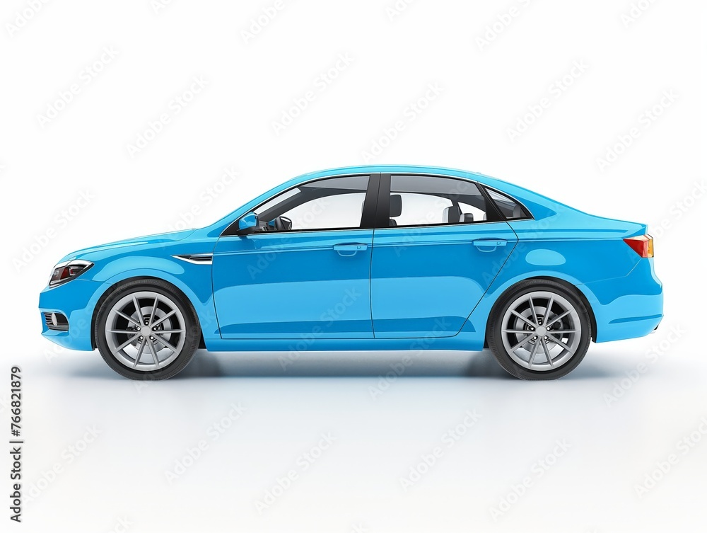 Side view of a sleek blue sedan car isolated on a white background, concept of modern transportation.