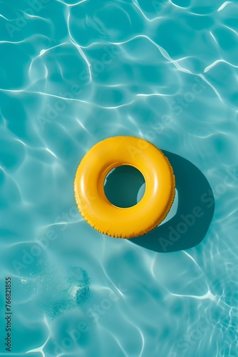 yellow swimming pool ring float in blue water. concept color summer. vertical photo photo