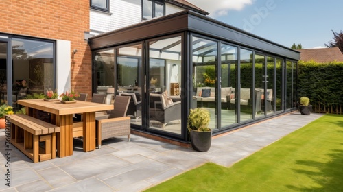 Modern Sunroom or conservatory extending into the garden