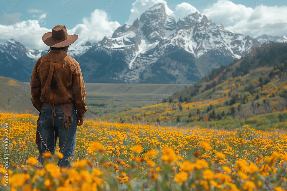 A man wearing a cowboy hat standing in a field of wildflowers A man wearing a cowboy hat standing in a field of wildflowers