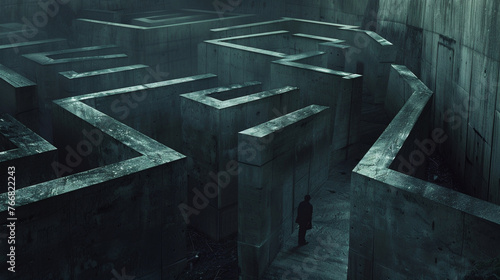 A lone figure dwarfed by towering concrete walls, forever searching in a labyrinth of his own making.