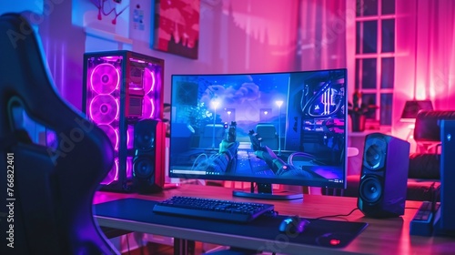 immersive gaming room setup with gaming computer on table  accented by purple neon lighting against window background  perfect for gaming enthusiasts