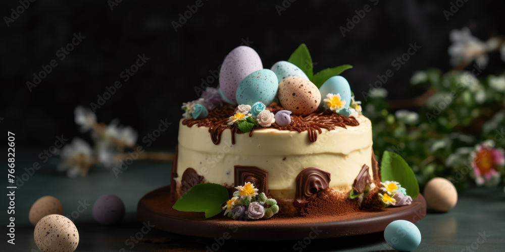 Easter Cake with Chocolate Eggs and spring flowers on a dark background