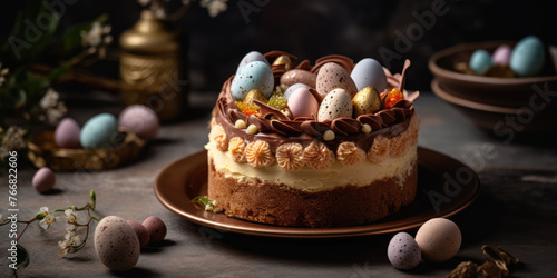 Easter Cake with Chocolate Eggs and spring flowers on a plate on a dark background